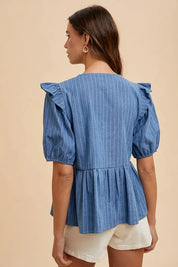 Annie Wear Stripe Front Bow Denim Peplum Blouse | Daverri Fashions