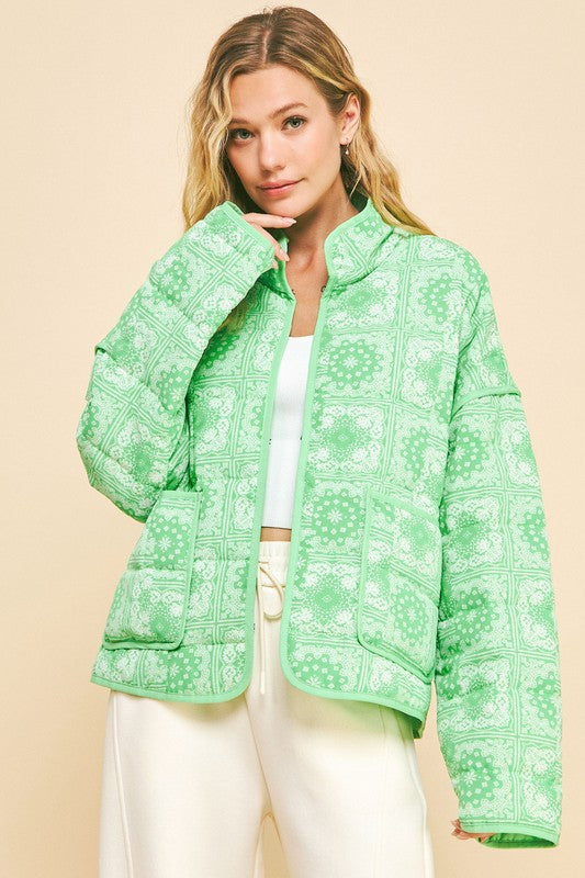 Davi & Dani Vintage Print Open Front Jacket with Pockets Neon Green Jackets