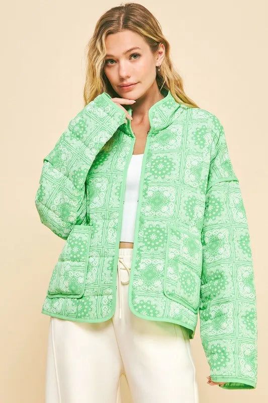 Davi & Dani Vintage Print Open Front Jacket with Pockets Neon Green