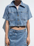 Blue denim cropped jacket with buttons and pockets from short sleeve set