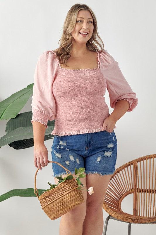 GeeGee Full Size Ruffled Smocked Frill Square Neck Top Plus Size Tops