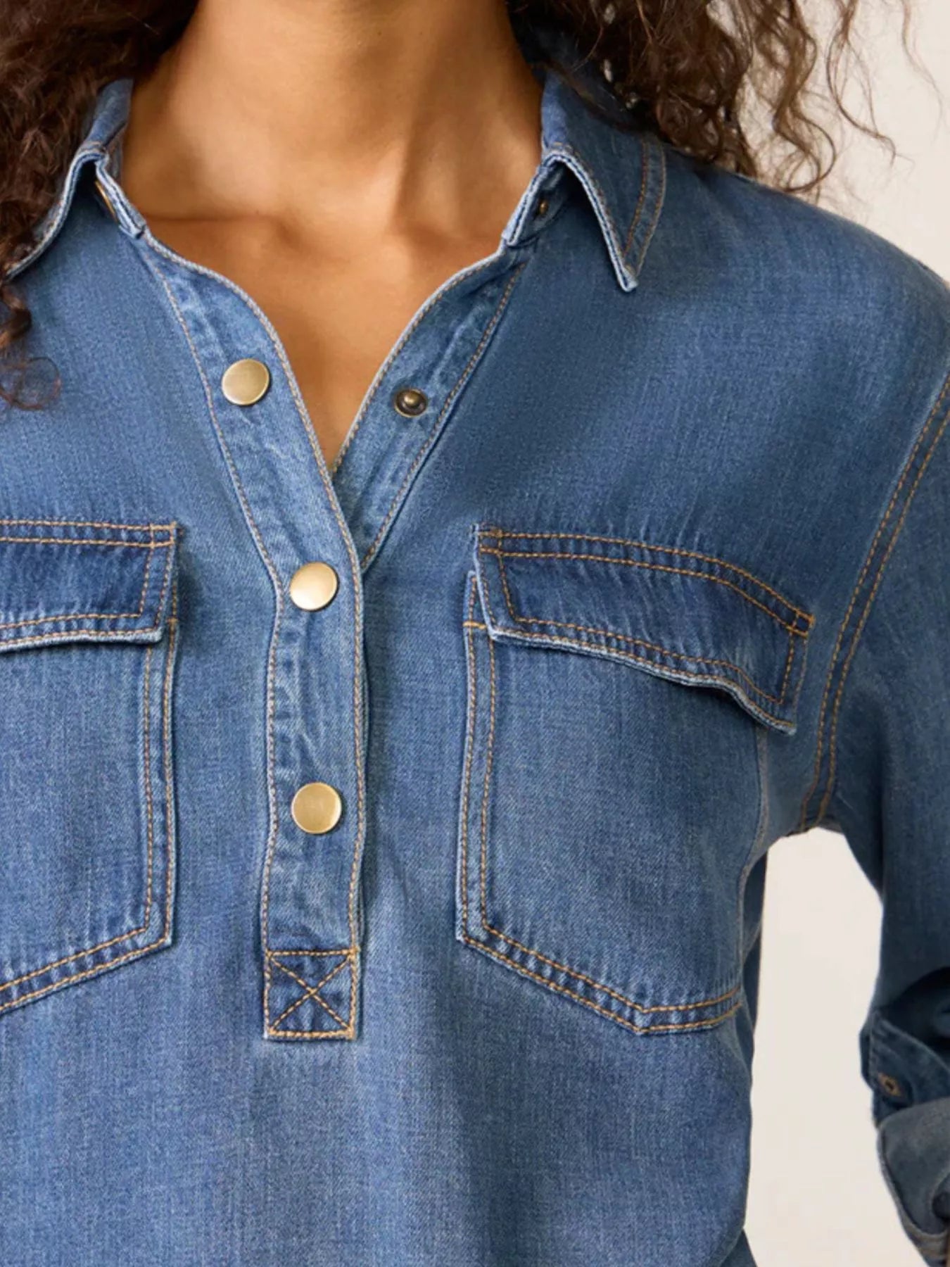 Half Snap Cropped Denim Top | Tops Daverri Fashions