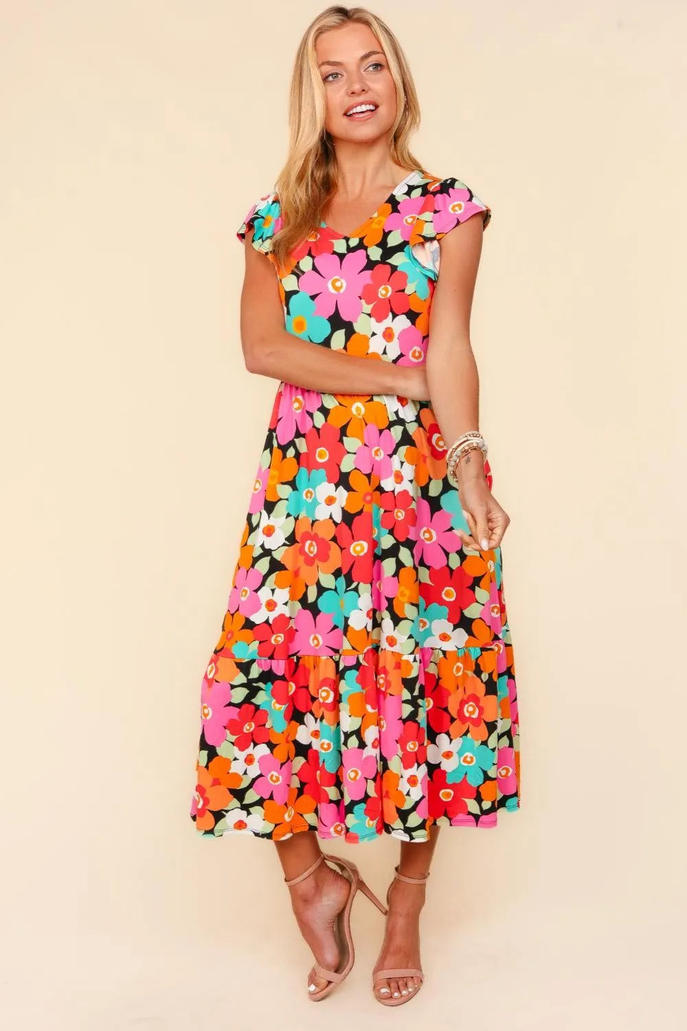 Haptics floral midi dress in vibrant pink, orange, teal hues with pockets