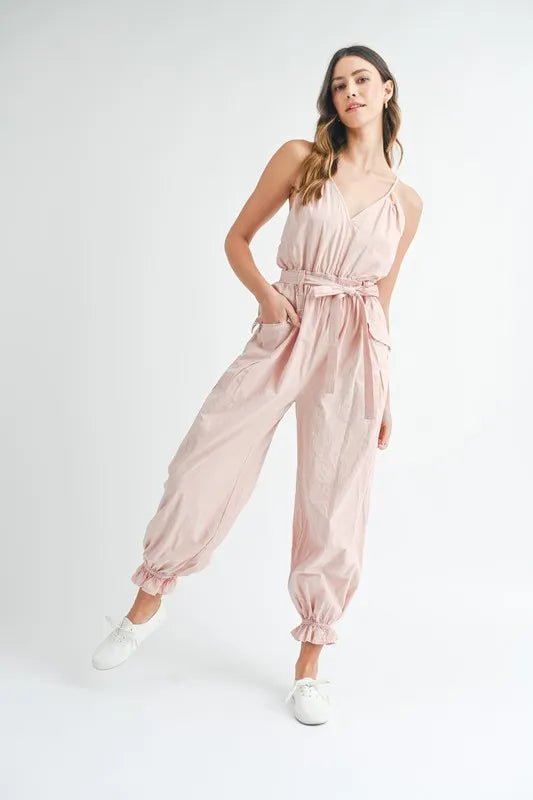 MABLE Washed Fabric Spaghetti Strap Waist Belted Jumpsuit Jumpsuits