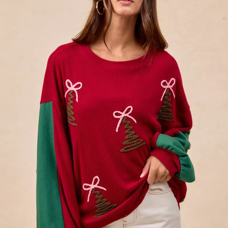 RED BiBi Christmas Theme Tree Embroidered Sweater | Sweaters Daverri Fashions