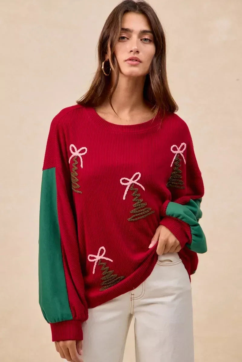 BiBi Christmas Theme Tree Embroidered Sweater - DAVERRI FASHIONS
