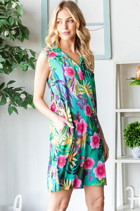 Heimish Full Size Floral Johnny Collar Sleeveless Dress - DAVERRI FASHIONS