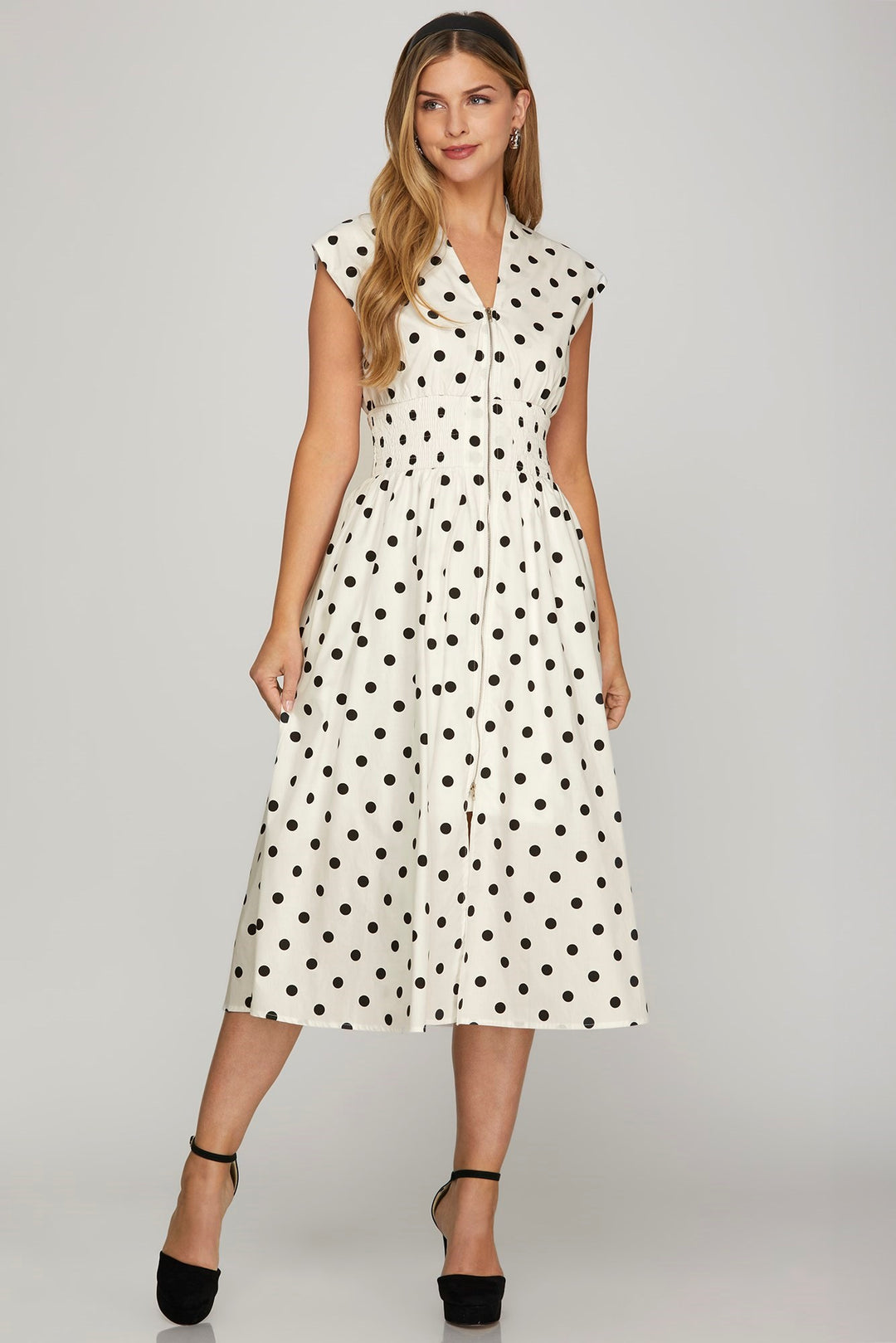 She + Sky Front Zip Polka Dots Cap Sleeve Midi Dress OFF WHITE Midi Dresses