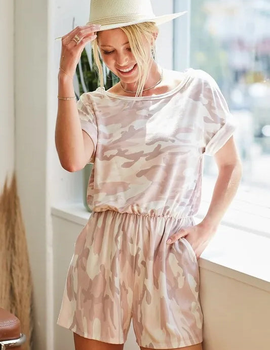 PINK COMBO M BiBi Camo Print French Terry Romper with Side Pockets | Rompers Daverri Fashions