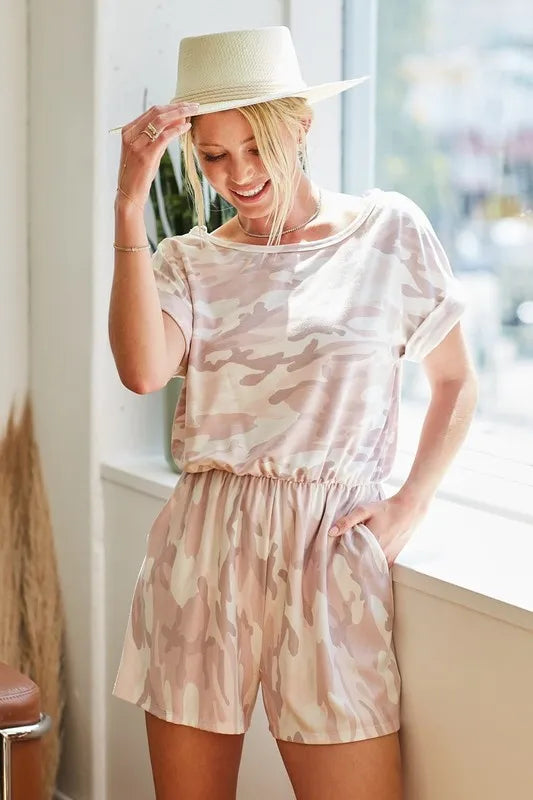 BiBi Camo Print French Terry Romper with Side Pockets PINK COMBO M Rompers