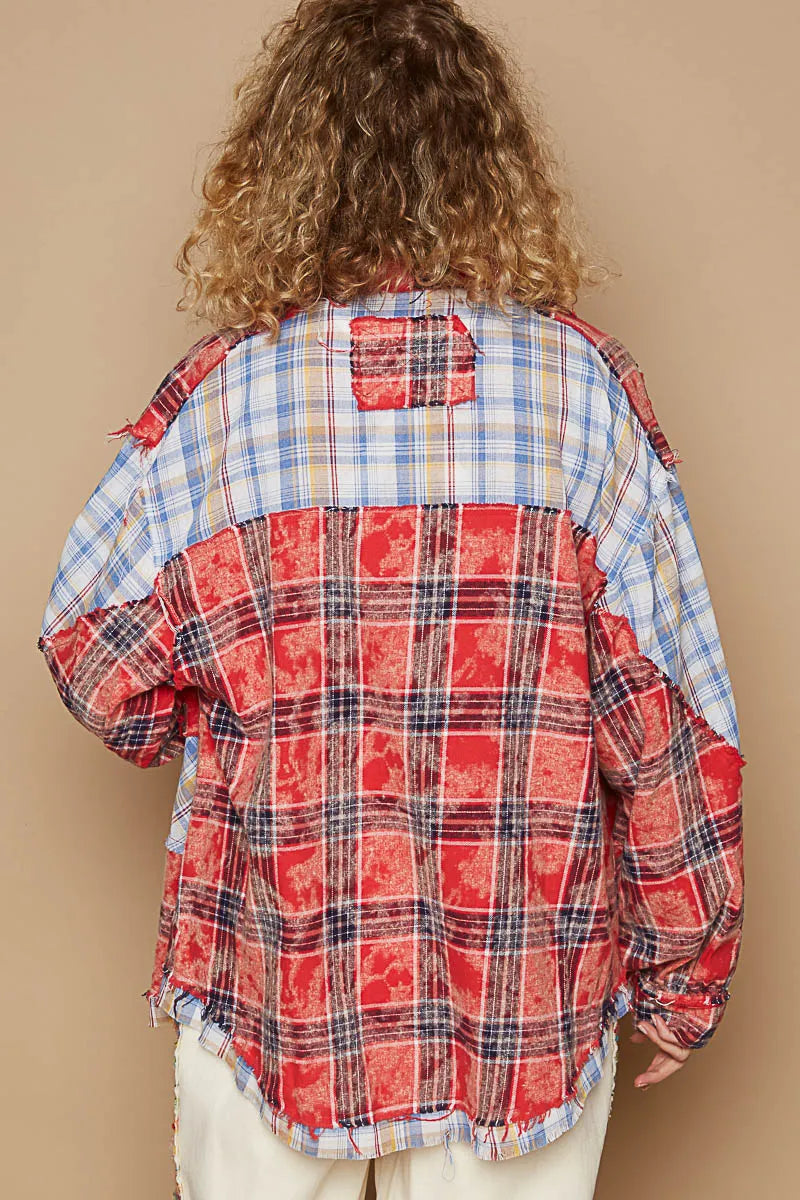 2601rs 　/ Plaid Patchwork Shirt POL Plaid Patchwork Long Sleeve Shirt with Raw Edge Detail