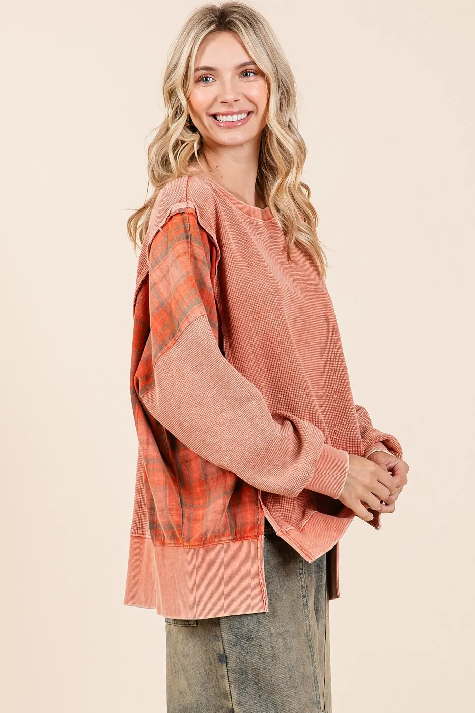 Mittoshop Plaid Panel Mineral Wash French Terry Sweatshirt