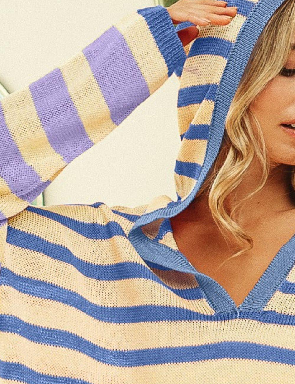 BiBi Striped Color Block Hooded Knit Top | Hoodies Daverri Fashions