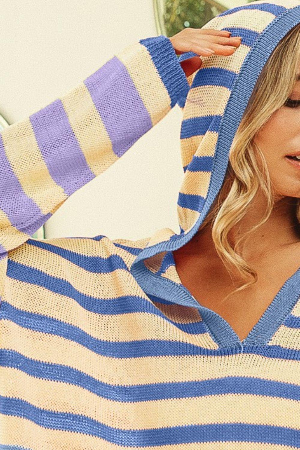 BiBi Striped Color Block Hooded Knit Top - DAVERRI FASHIONS