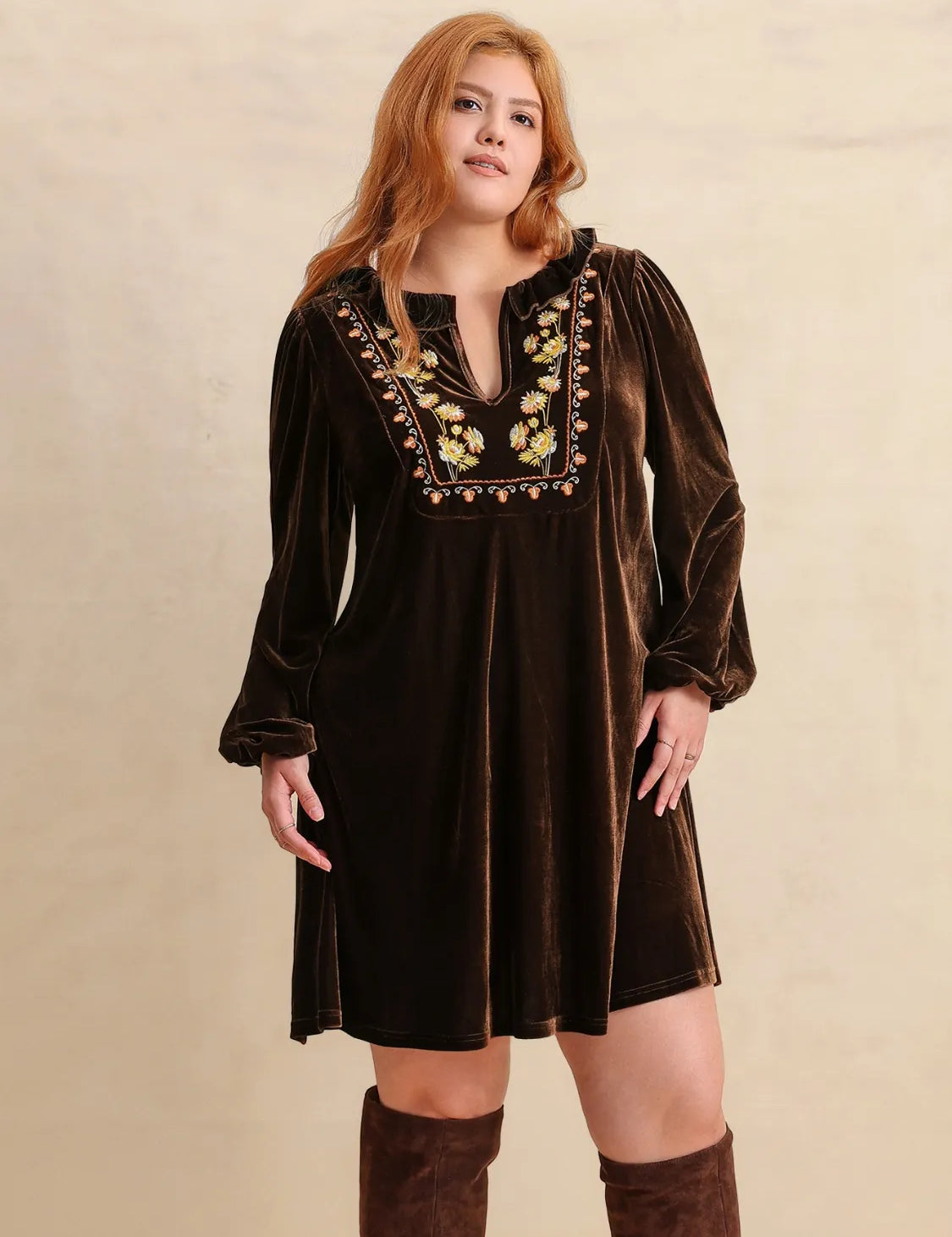 Dark Brown Plus Size Embroidered Notched Balloon Sleeve Mini Dress | Daverri Fashions