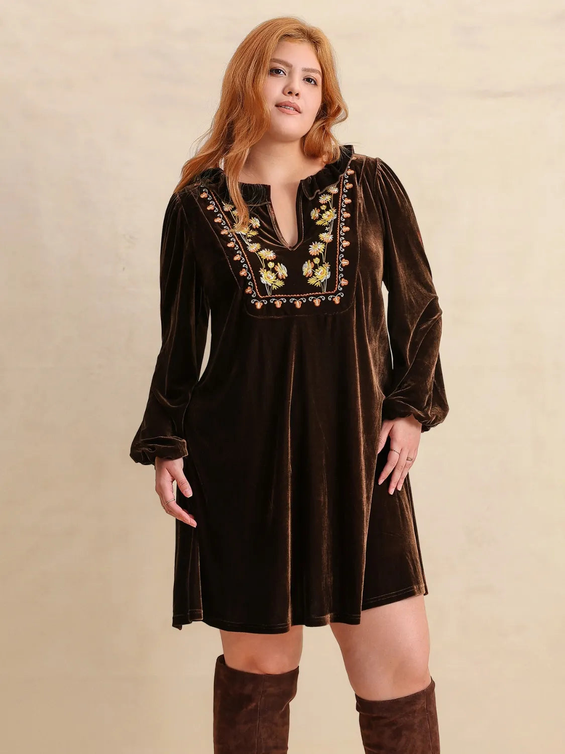 Dark Brown Plus Size Embroidered Notched Balloon Sleeve Mini Dress | Daverri Fashions