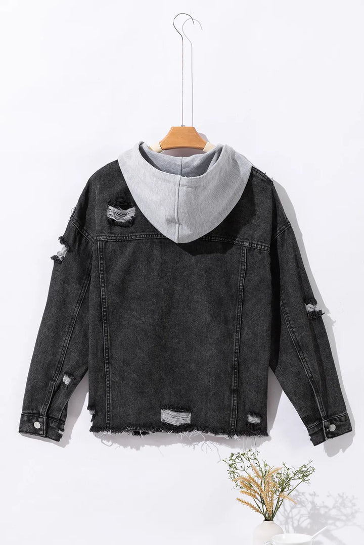 Distressed Drawstring Long Sleeve Hooded Denim Jacket | Denim Jackets Daverri Fashions