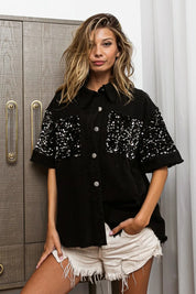 BiBi Sequin Detail Raw Hem Short Sleeve Shirt | Daverri Fashions