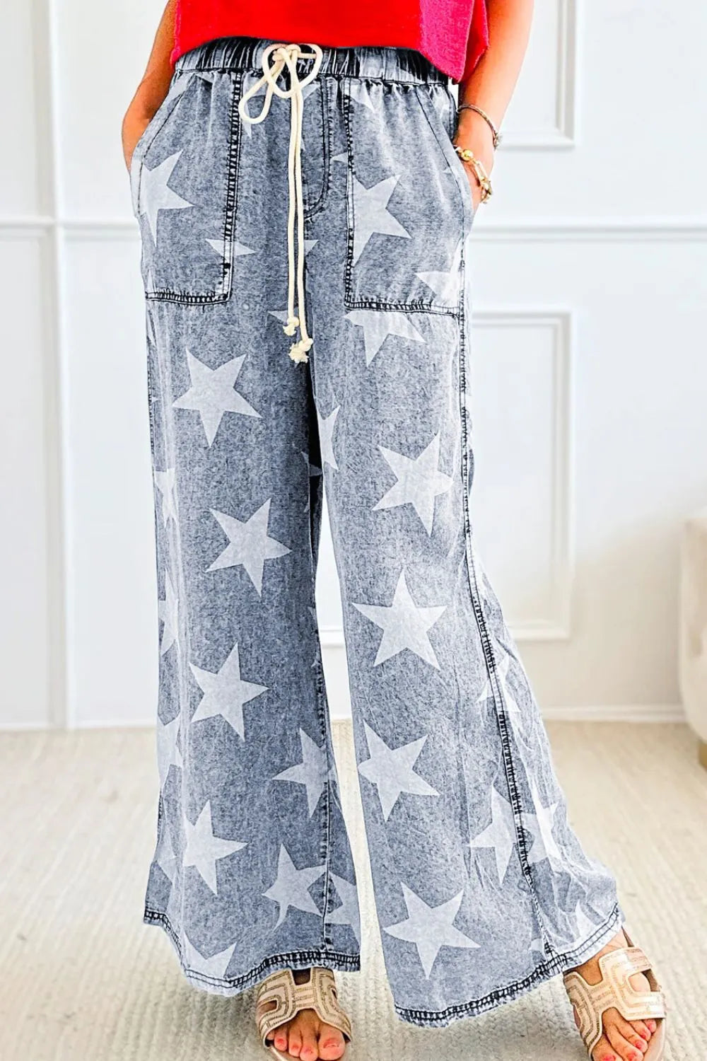 Star print washed drawstring high waist wide leg jeans