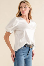 And The Why Plain Satin Puff Shirring V Neck Blouse Top | Daverri Fashions