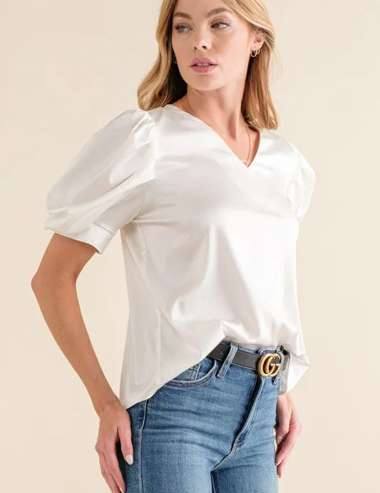 And The Why Plain Satin Puff Shirring V Neck Blouse Top | Daverri Fashions