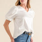 And The Why Plain Satin Puff Shirring V Neck Blouse Top