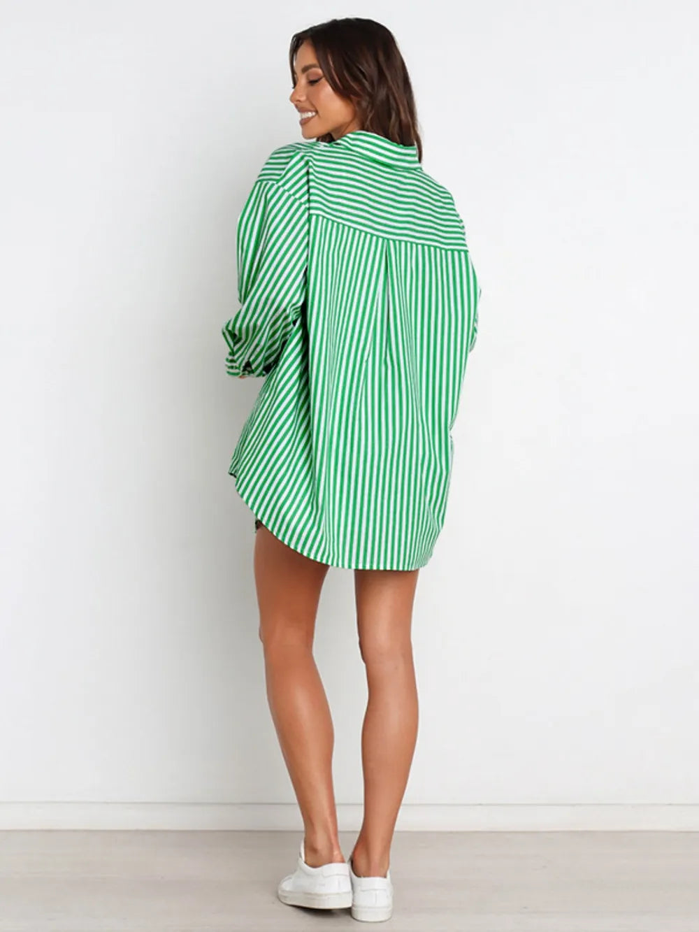Green and white striped oversized button-up shirt dress from set