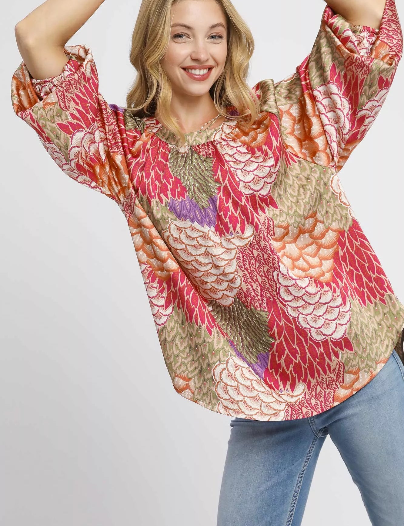 BERRY MIX Umgee Boho Feather Print Peasant Blouse | Blouses Daverri Fashions