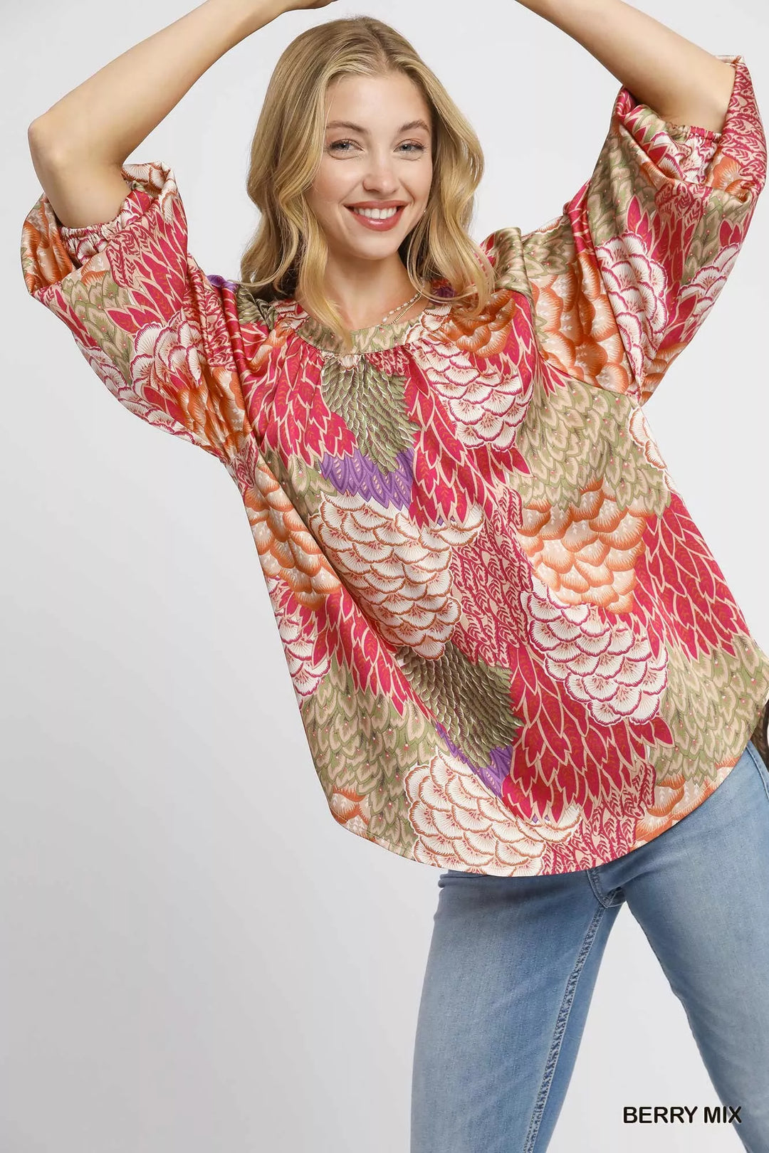 BERRY MIX Umgee Boho Feather Print Peasant Blouse | Blouses Daverri Fashions