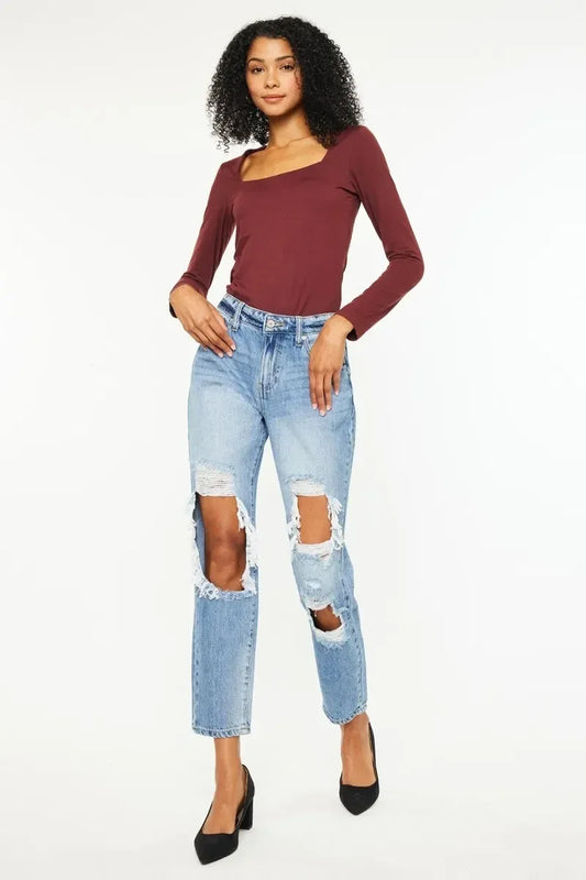 Kancan High Rise Distressed Boyfriend Jeans - DAVERRI FASHIONS