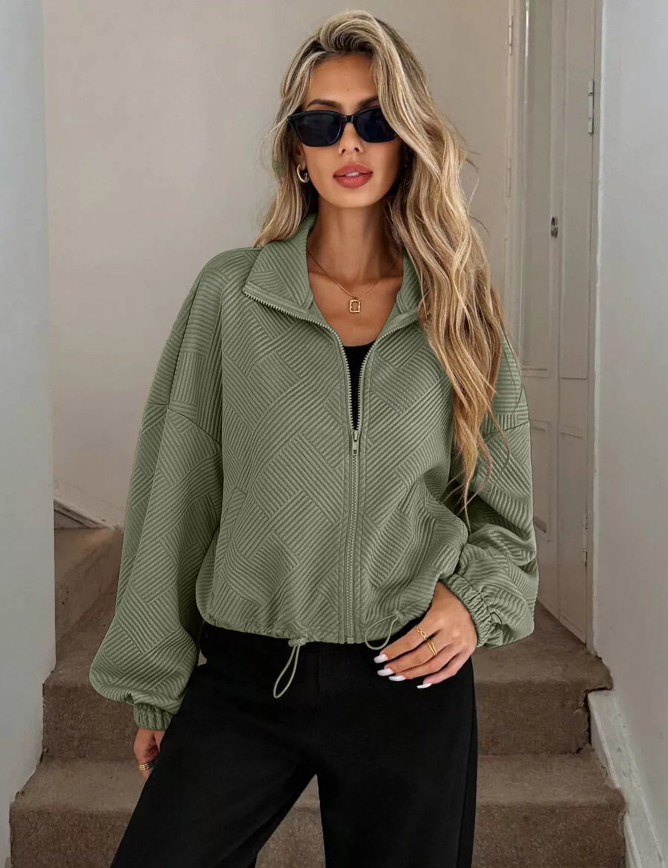Army Green Drawstring Hem Textured Long Sleeve Jacket | Jackets Daverri Fashions