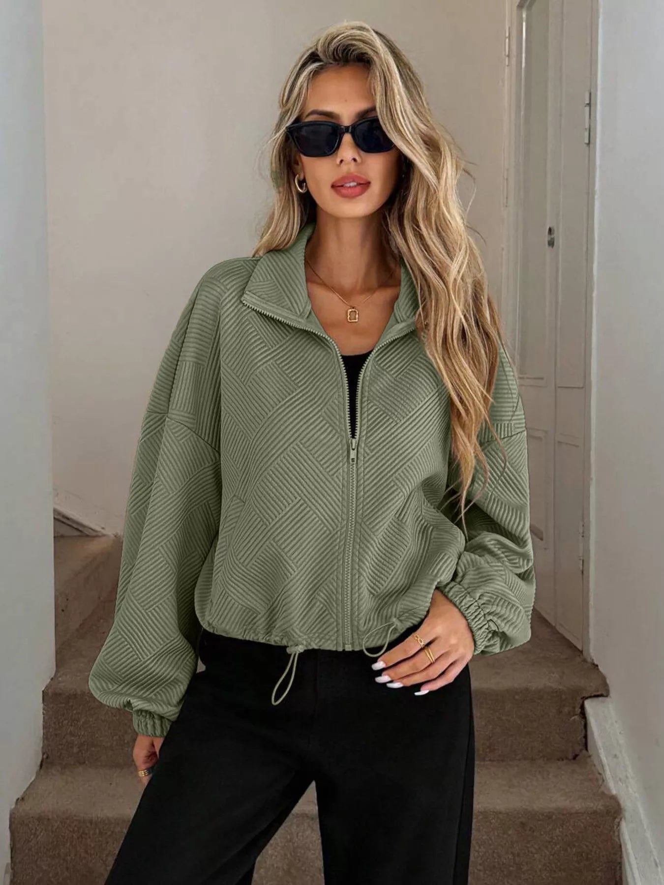 Army Green Drawstring Hem Textured Long Sleeve Jacket | Jackets Daverri Fashions
