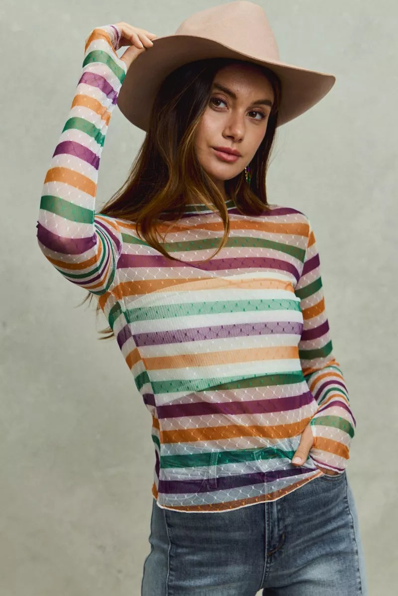 Vibrant SO ME Mardi Gras rainbow stripe stretch mesh top