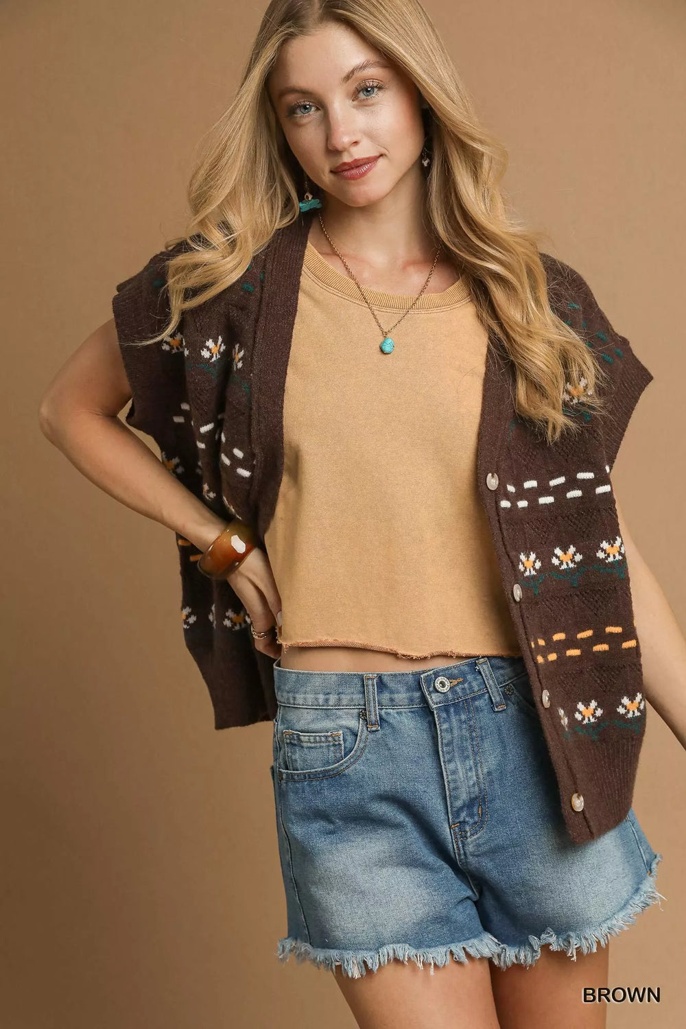 Umgee Button-Down Knit Vest with Floral Pattern | Sweaters Daverri Fashions