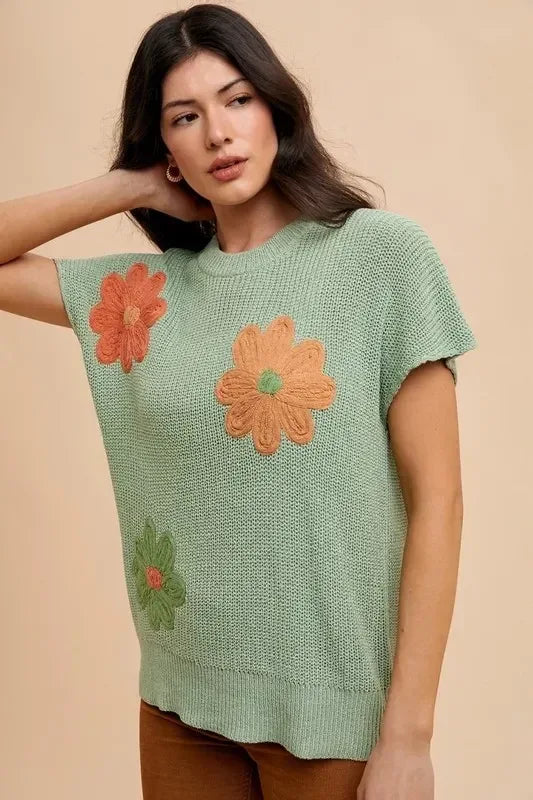 Annie Wear Large Flower Embo Dolman Sleeve Summer Sweater Top - DAVERRI FASHIONS