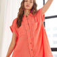 ADORA Raw Hem Collared Neck Button Down Shirt Coral