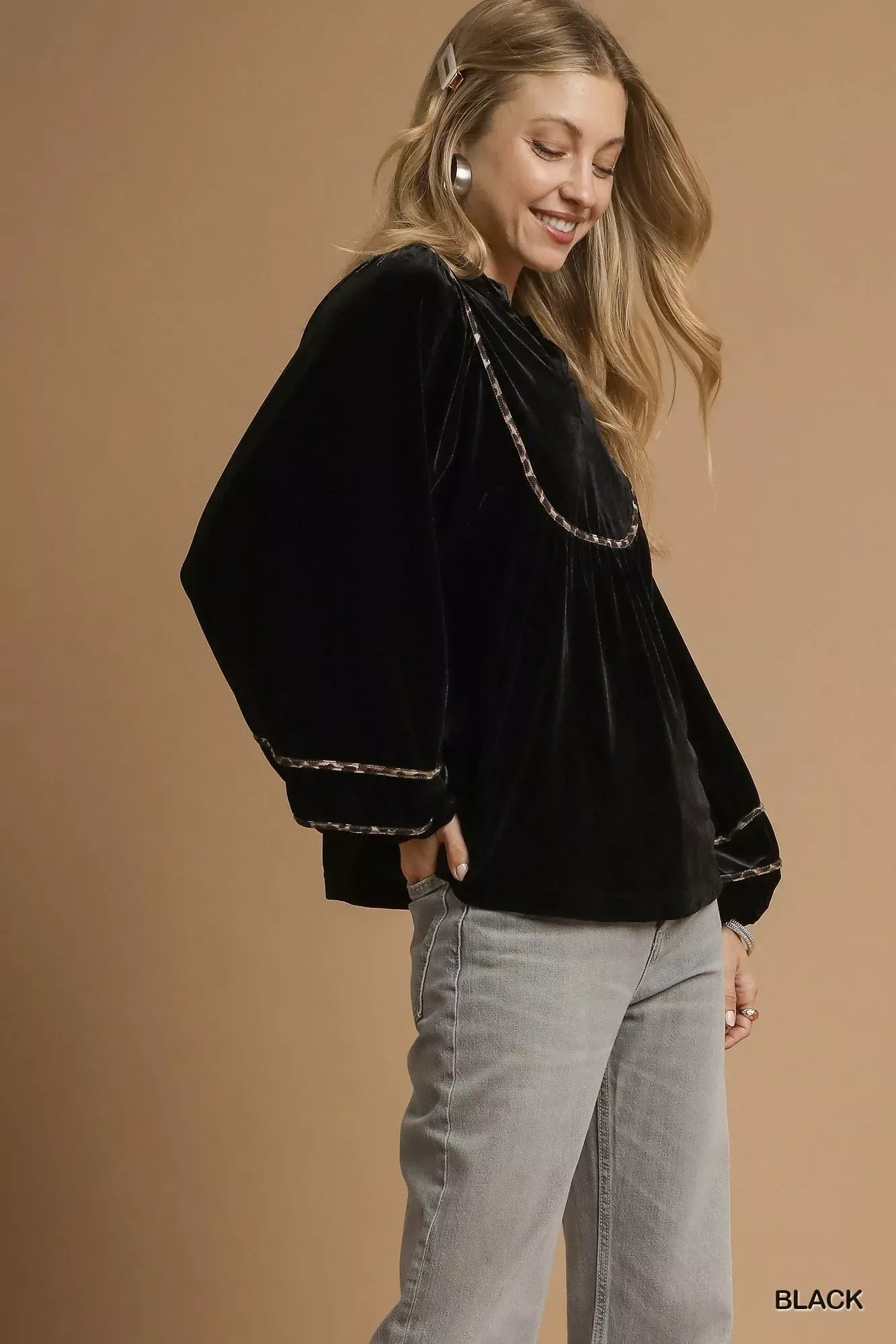 Umgee Velvet Long Sleeve Blouse with Contrast Trim - DAVERRI FASHIONS