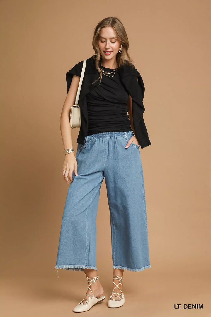 Umgee Washed Fringe Hem Wide Leg Jeans | Daverri Fashions