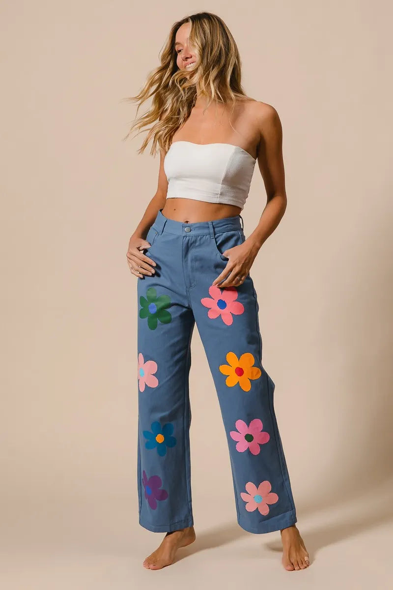 BiBi Flower Print Straight Legs Pants Pants