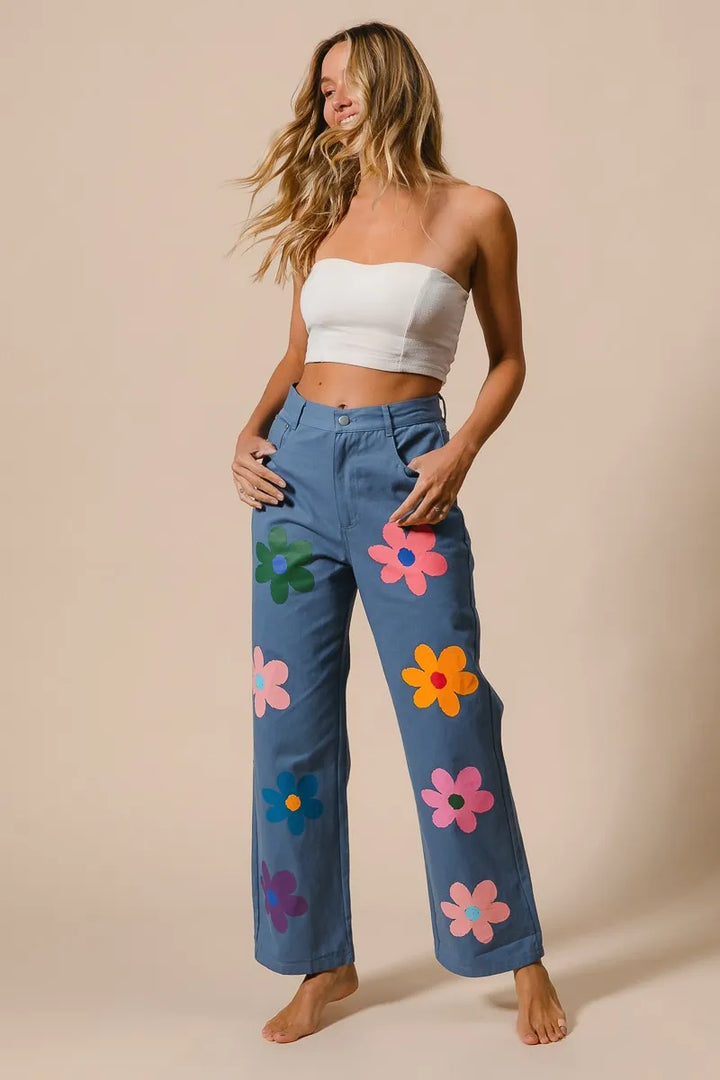 BiBi Flower Print Straight Legs Pants Pants