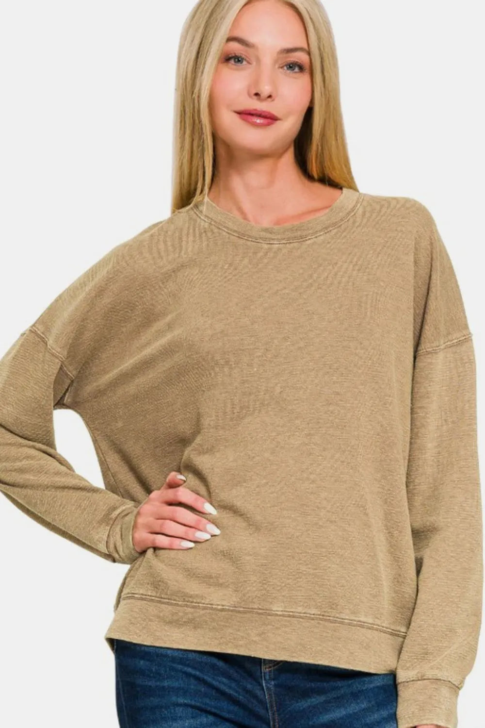 Zenana Washed Round Neck Dropped Shoulder Sweatshirt Camel Sweatshirts