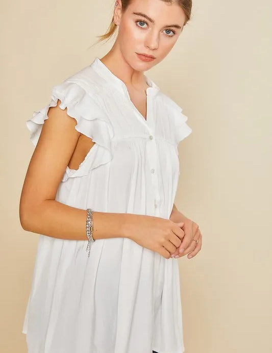 Annie Wear Ruffle Sleeve Shirred Flowy Woven Tunic Shirts | Daverri Fashions