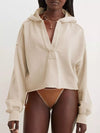 Exposed Seam Dropped Shoulder Hoodie in beige with relaxed fit and zipper