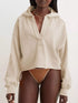 Exposed Seam Dropped Shoulder Hoodie in beige with relaxed fit and zipper