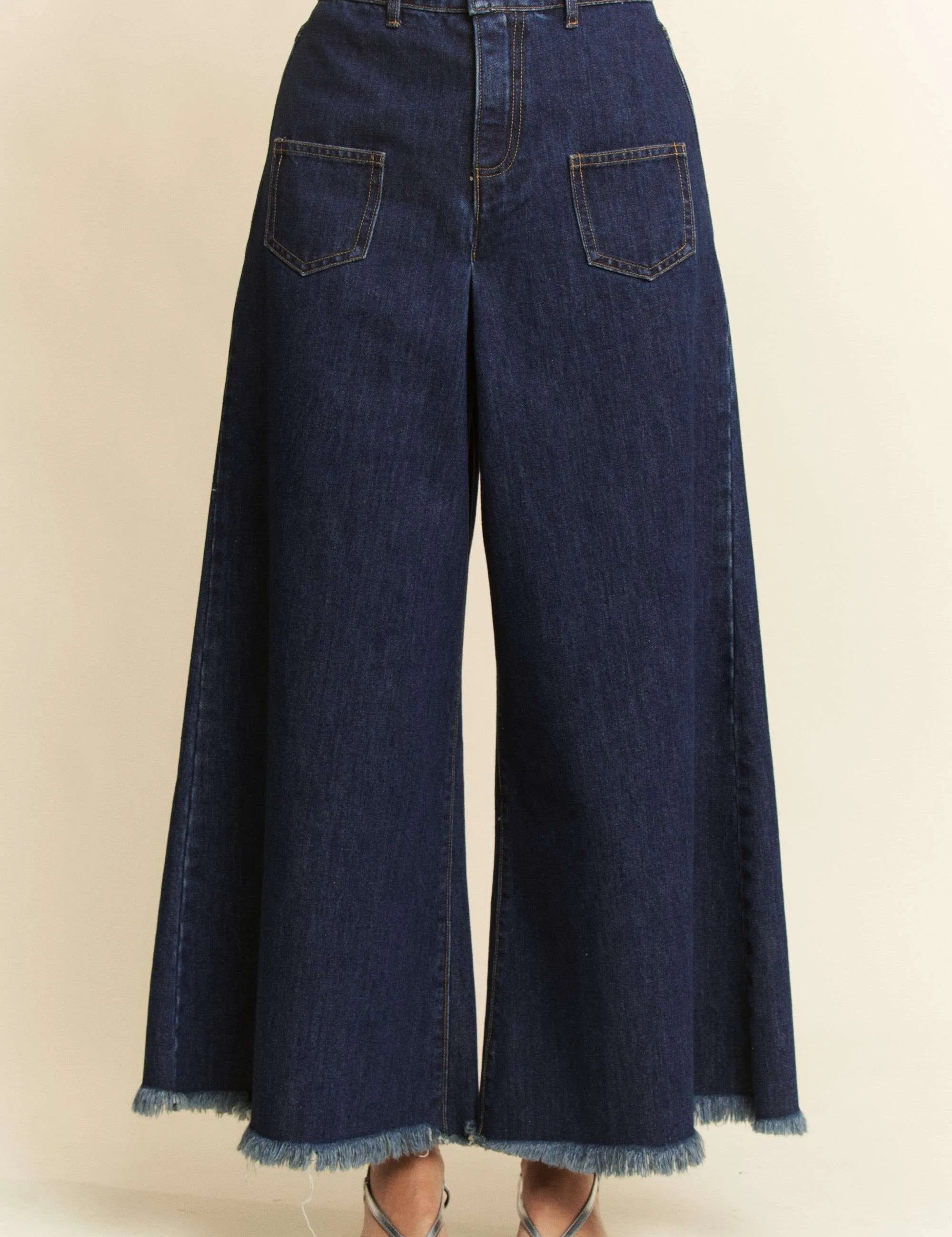DARK DENIM Davi & Dani Patch Pocket Wide Leg Culotte Jeans | Jeans Daverri Fashions