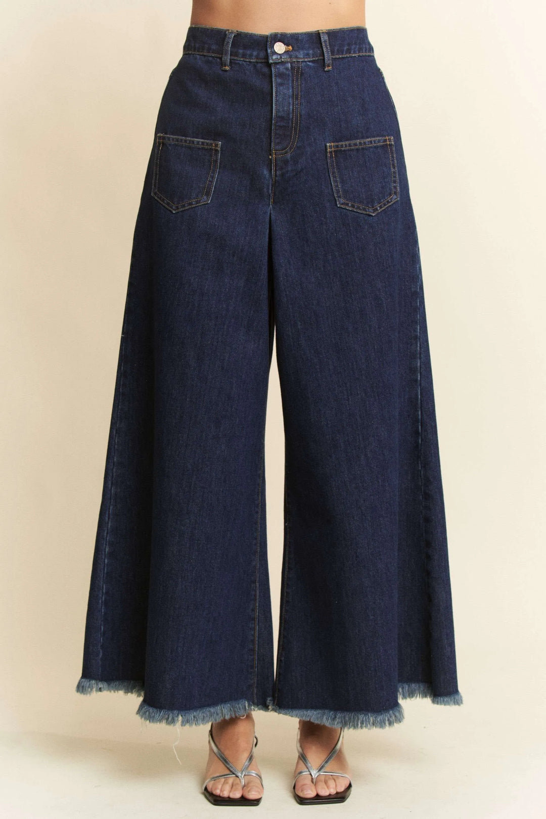 DARK DENIM Davi & Dani Patch Pocket Wide Leg Culotte Jeans | Jeans Daverri Fashions