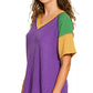 Zenana Mardi Gras raised rib color block top in purple with yellow and green sleeves