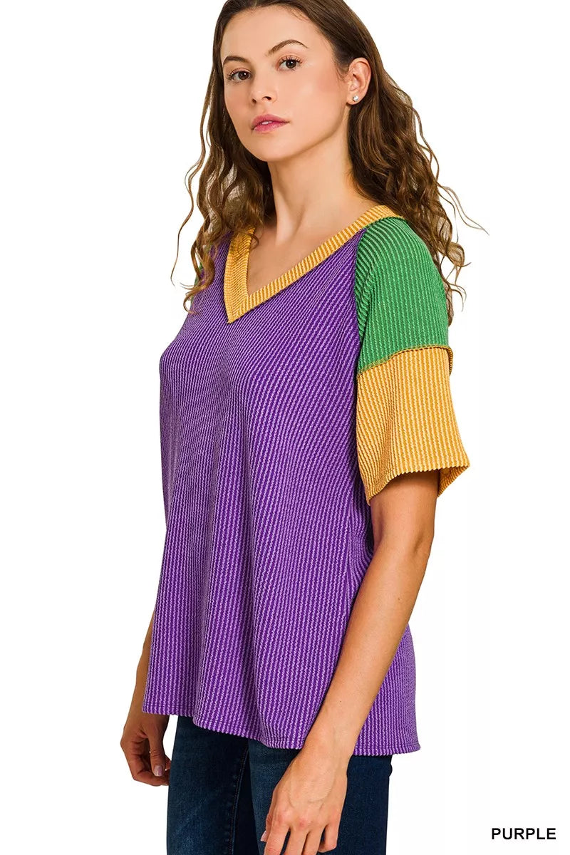 Zenana Mardi Gras raised rib color block top in purple with yellow and green sleeves