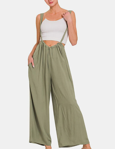 Zenana Pocketed Wide Strap Wide Leg Overalls Lt Olive L