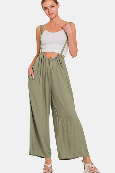 Zenana Pocketed Wide Strap Wide Leg Overalls Lt Olive L